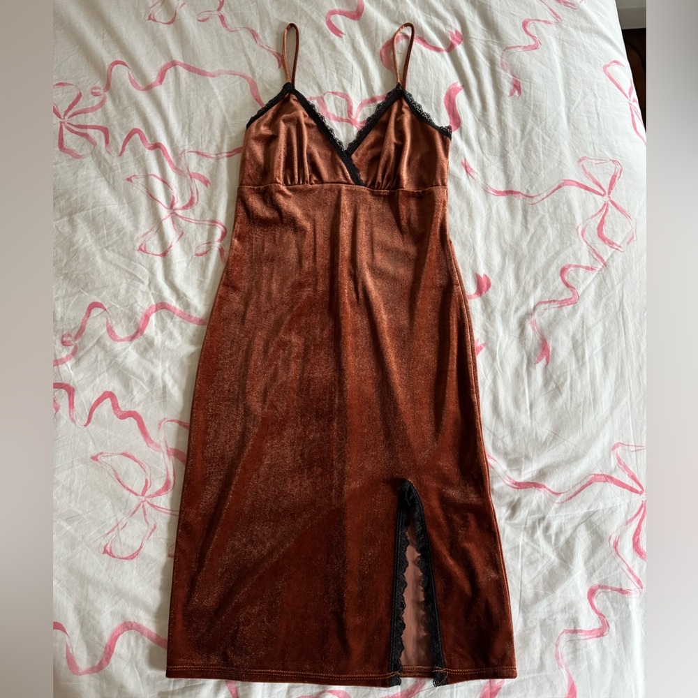 Forever 21 Copper Velvet Slip Dress with Black Lace Trim